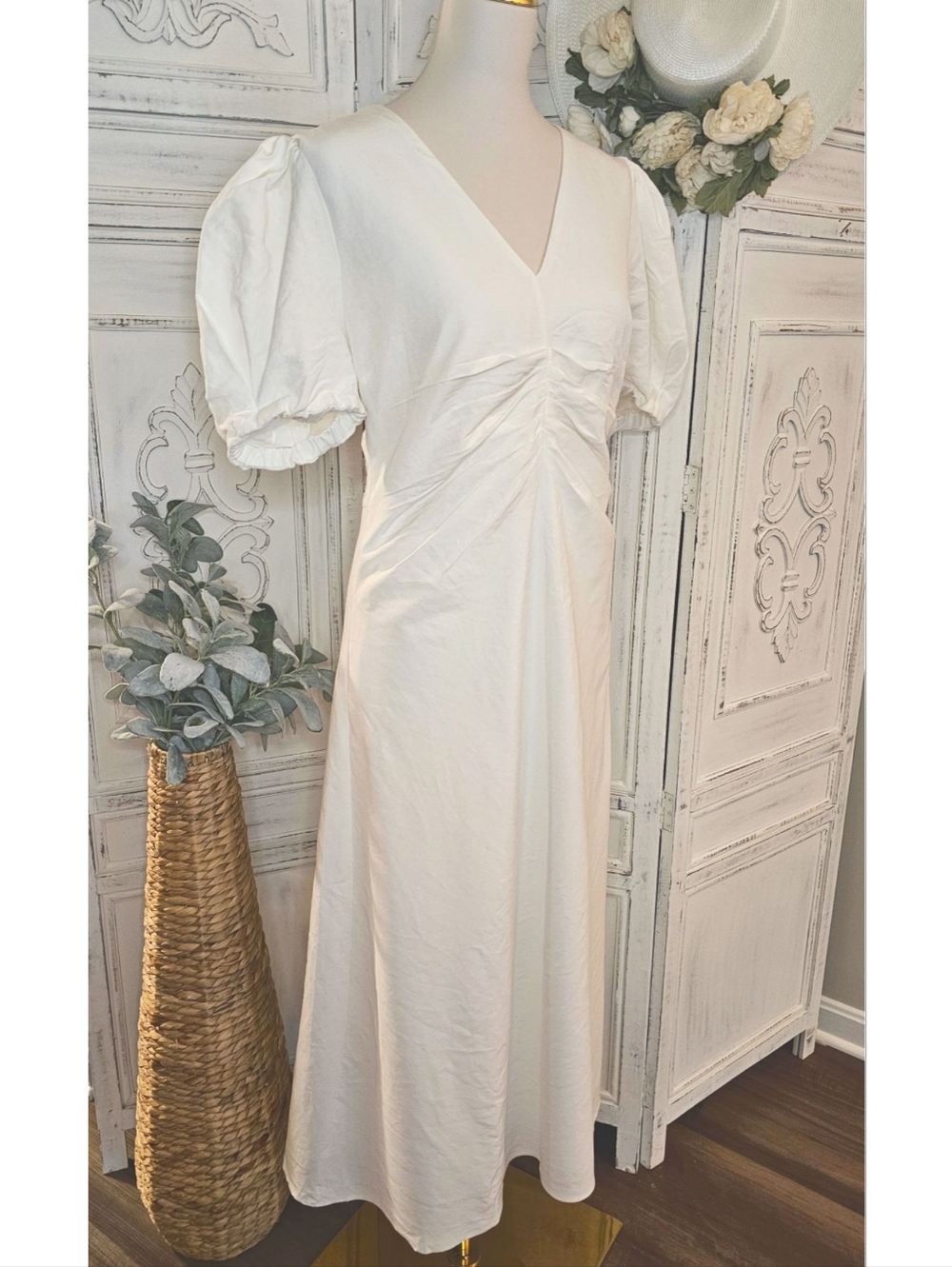 Zara Off White Pleated Waist A-line Puffed Sleeves Midi Dress